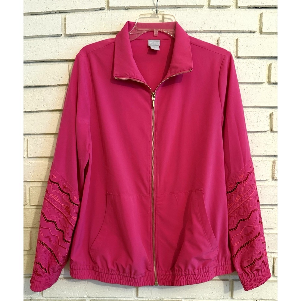 Chicos‎ Zenergy 1 Pink Puff Lace Sleeve Zip Up Lightweight Jacket size Medium